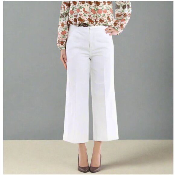 Tory Burch Wide Leg Crop Pant Womens 27 White Jacquard Cotton Culotte Summer - Picture 1 of 13
